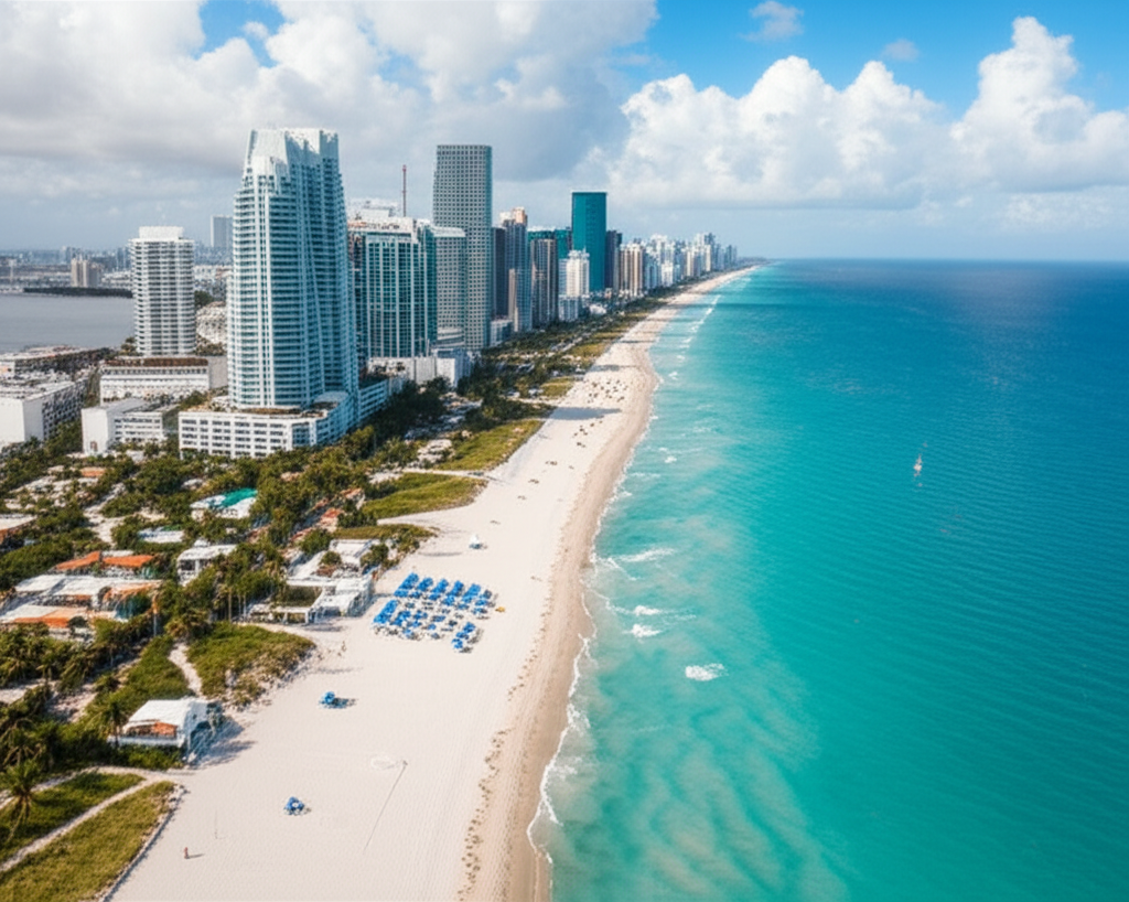 Generate a high-quality, relevant image prompt for an article about: 10 Beaches in Miami: Epic Coast