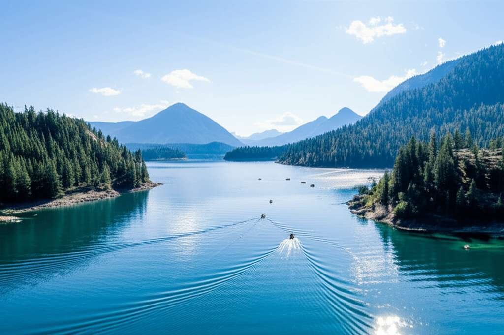 Generate a high-quality, relevant image prompt for an article about: 8 Boating Lakes In Idaho: Amazi