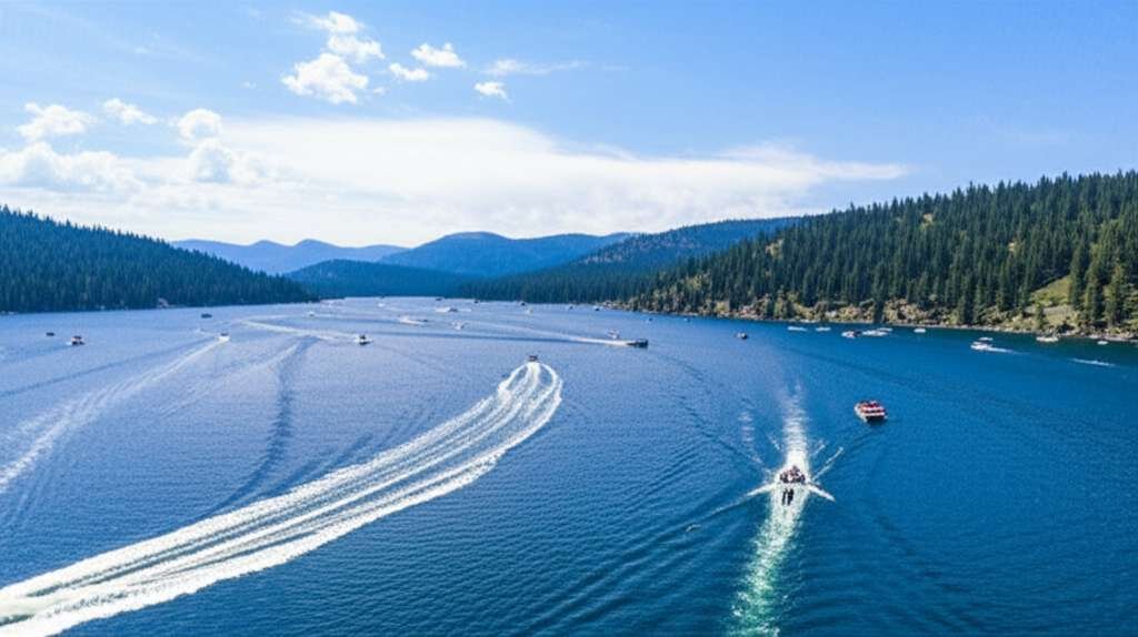 Generate a high-quality, relevant image prompt for an article about: 8 Boating Lakes In Idaho: Amazi