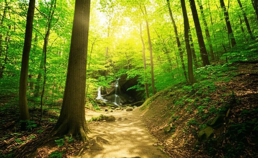 Generate a high-quality, relevant image prompt for an article about: 12 Hiking Trails in Indiana: Am