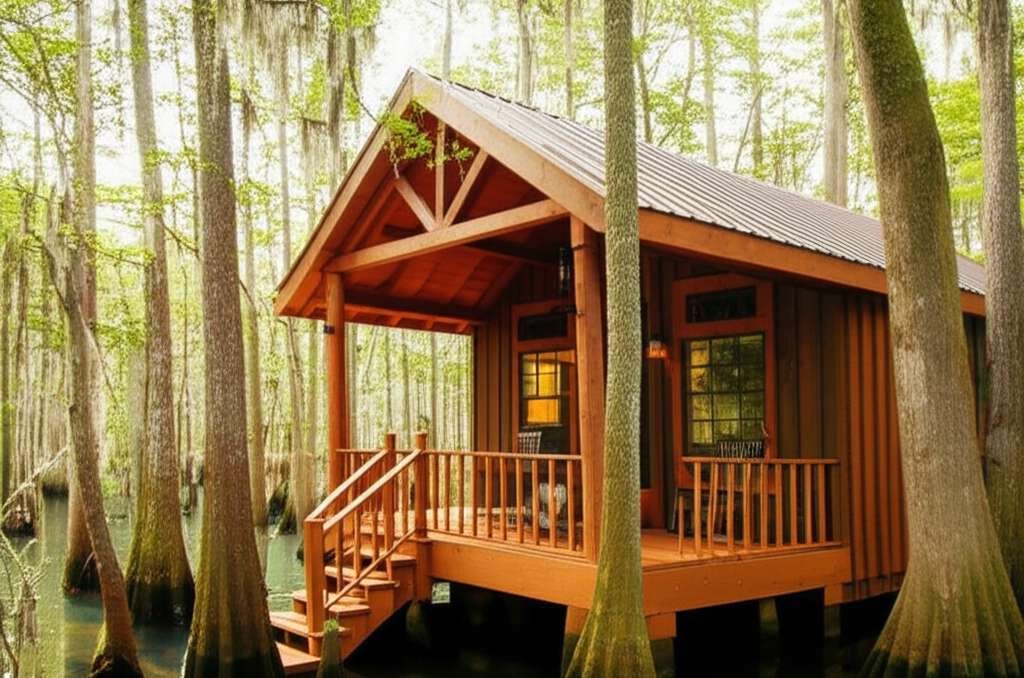 Generate a high-quality, relevant image prompt for an article about: 6 Romantic Cabins Louisiana: Co