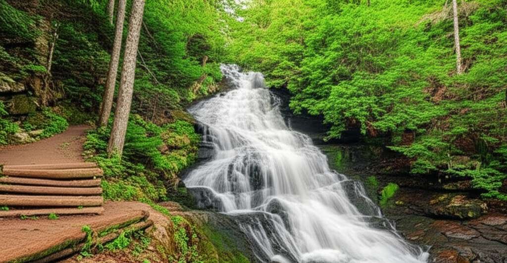 Generate a high-quality, relevant image prompt for an article about: 7 Stunning Maine Waterfalls: Be