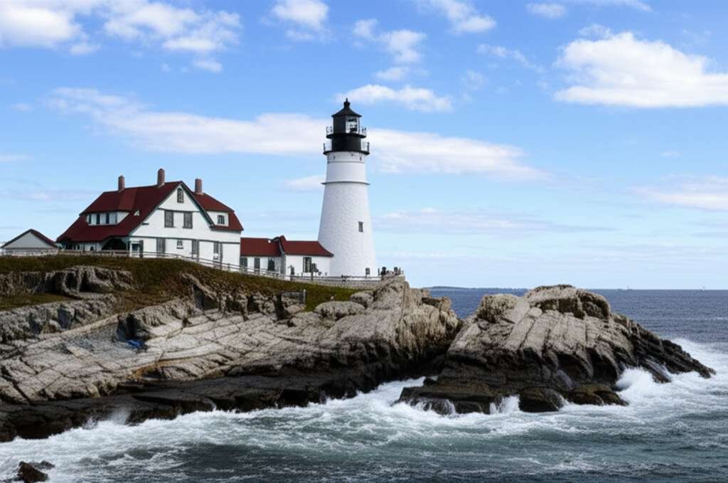 Generate a high-quality, relevant image prompt for an article about: Maine’s 9 Lighthouses: Stunning