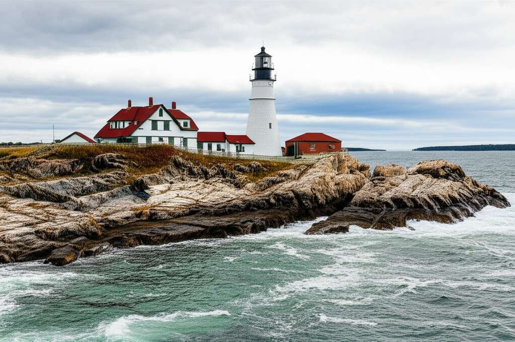 Generate a high-quality, relevant image prompt for an article about: 12 Historic Landmarks In Maine: