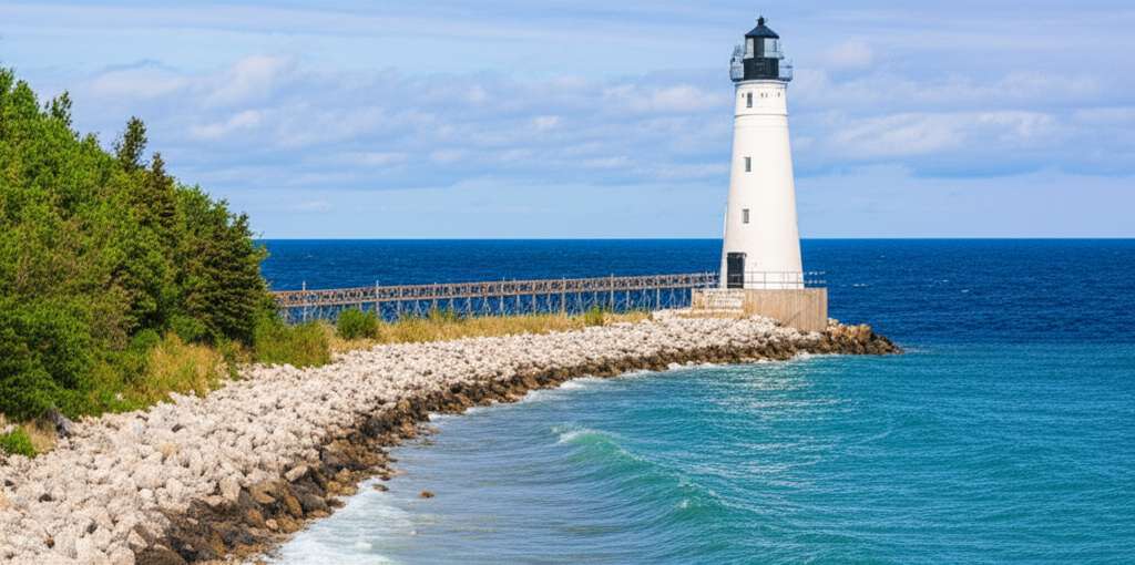 Generate a high-quality, relevant image prompt for an article about: 5 Lighthouses in Michigan: Amaz