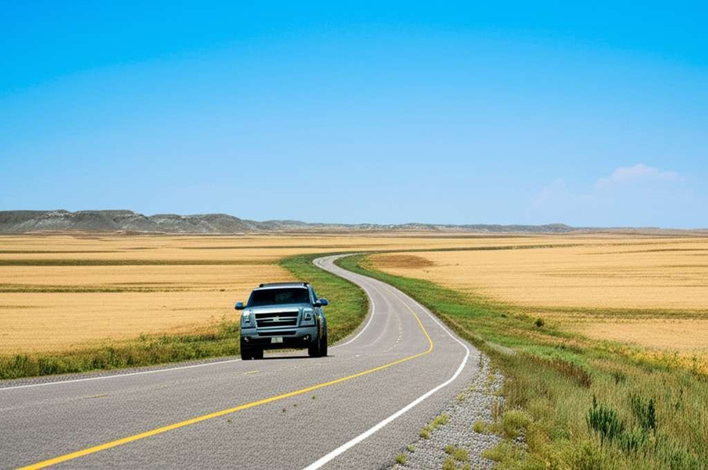 Generate a high-quality, relevant image prompt for an article about: 10 Road Trips In North Dakota:
