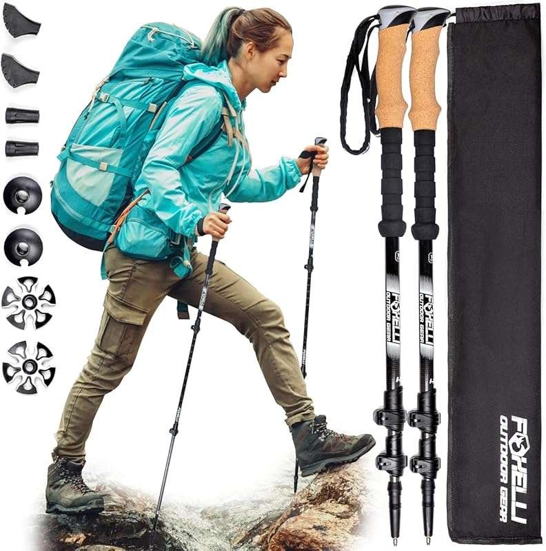Foxelli Carbon Fiber Trekking Poles with Cork Grips, Quick Locks, and 