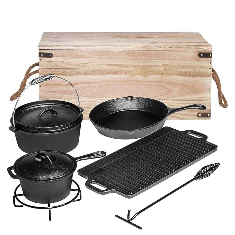 Cast Iron Camping Cookware Set with Dutch Oven and Skillet for Open Fi