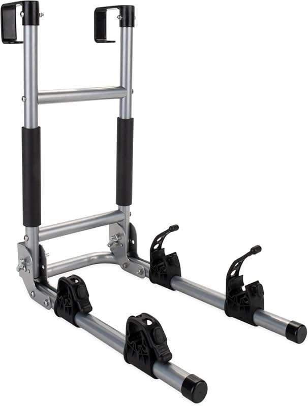 Camco RV Ladder Mount Bike Rack. Holds Two Bikes. Folds for Convenient
