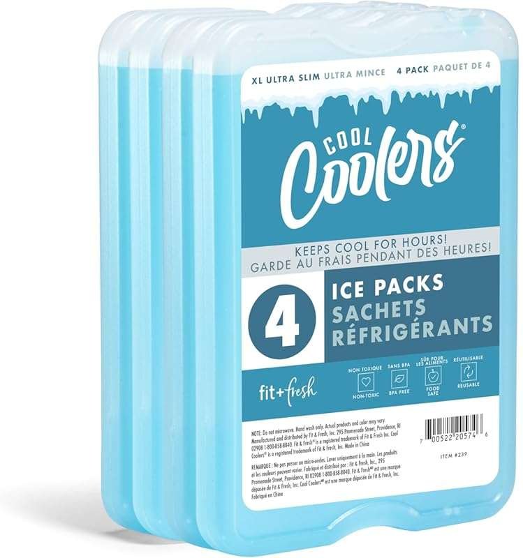 Cool Coolers by Fit & Fresh: 4 XL Slim Reusable Ice Packs, Quick Freez