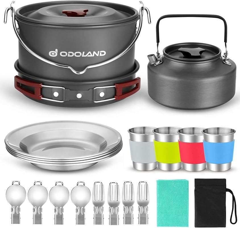 Odoland 22-Piece Camping Cookware Set for 4 with Pots, Pans, and Dinin
