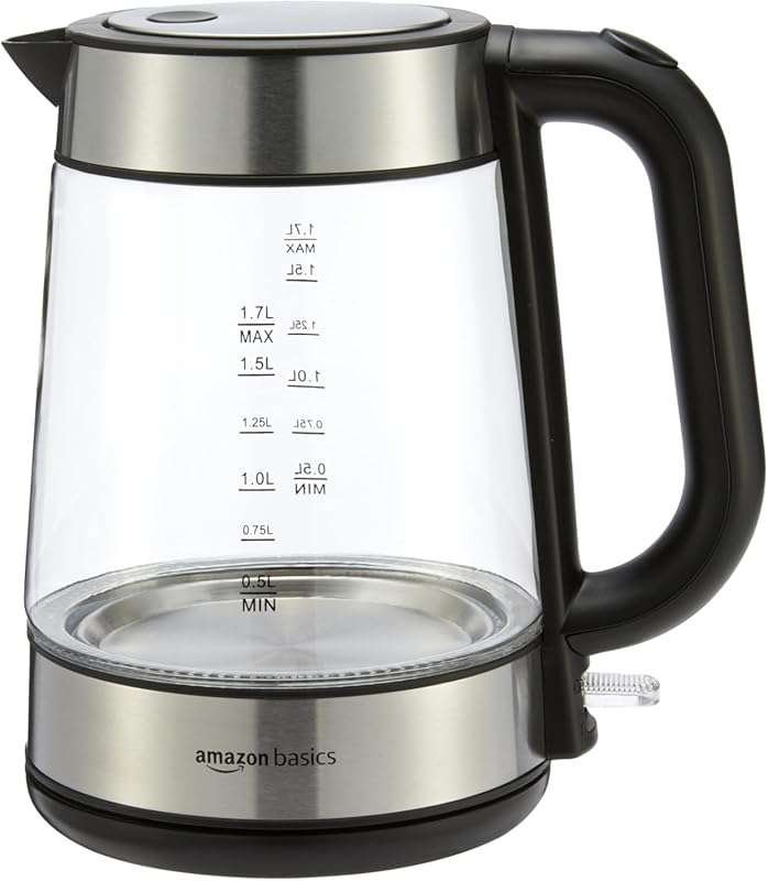 Amazon Basics 1.8 Quart Glass Electric Kettle, 1500W for Fast Boiling 