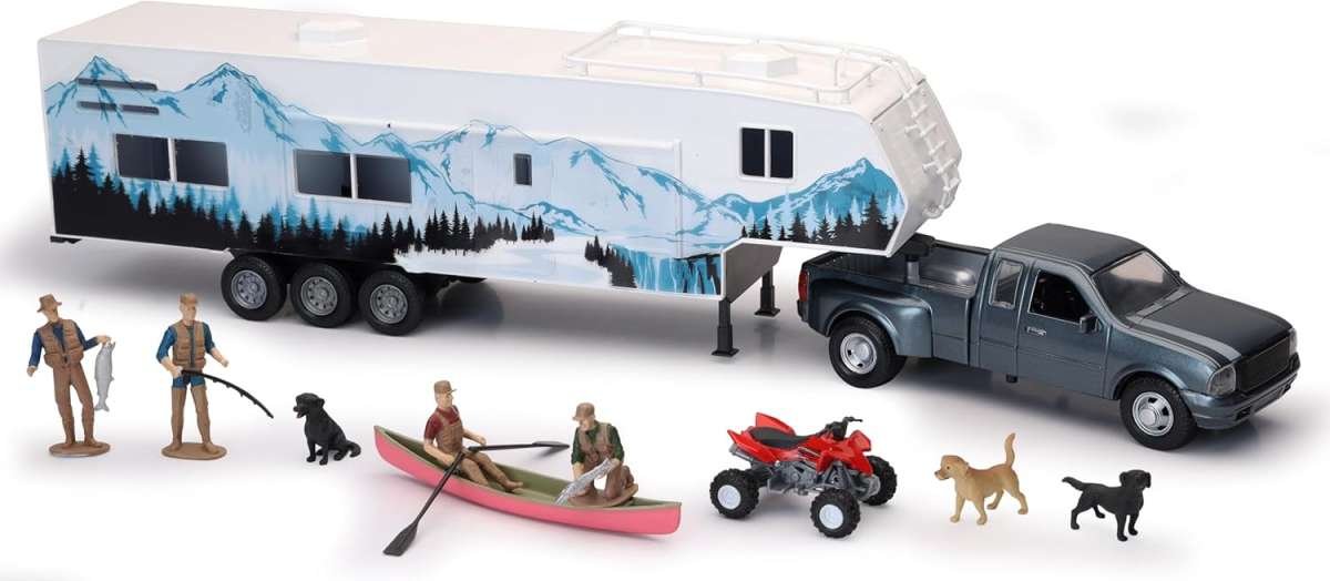 Die Cast Pickup Truck Toy with Camper Trailer and Accessories for Kids