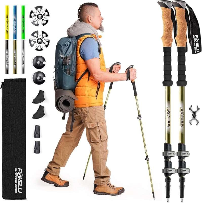 Foxelli Collapsible Aluminum Trekking Poles with Cork Grips for All-Te