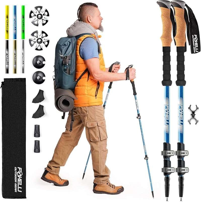 Foxelli Collapsible Aluminum Trekking Poles with Cork Grips for All-Te