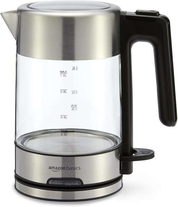 Amazon Basics 1.1 Quart Glass Electric Kettle, 1500W for Fast Boiling 