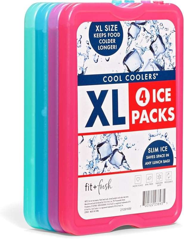 Cool Coolers by Fit & Fresh: 4 XL Slim Reusable Ice Packs, Quick Freez