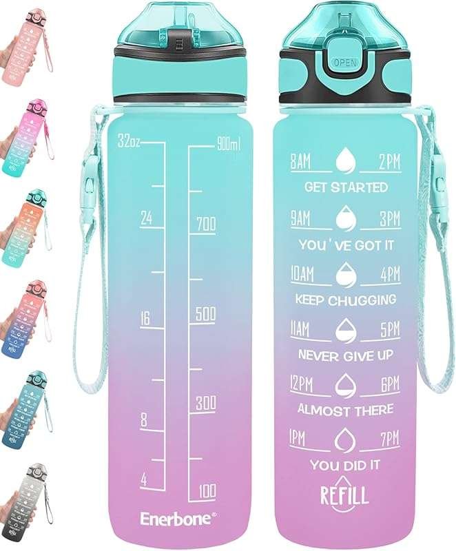 Easy-to-Carry 32 oz Water Bottle with Straw and Time Markers for Walki
