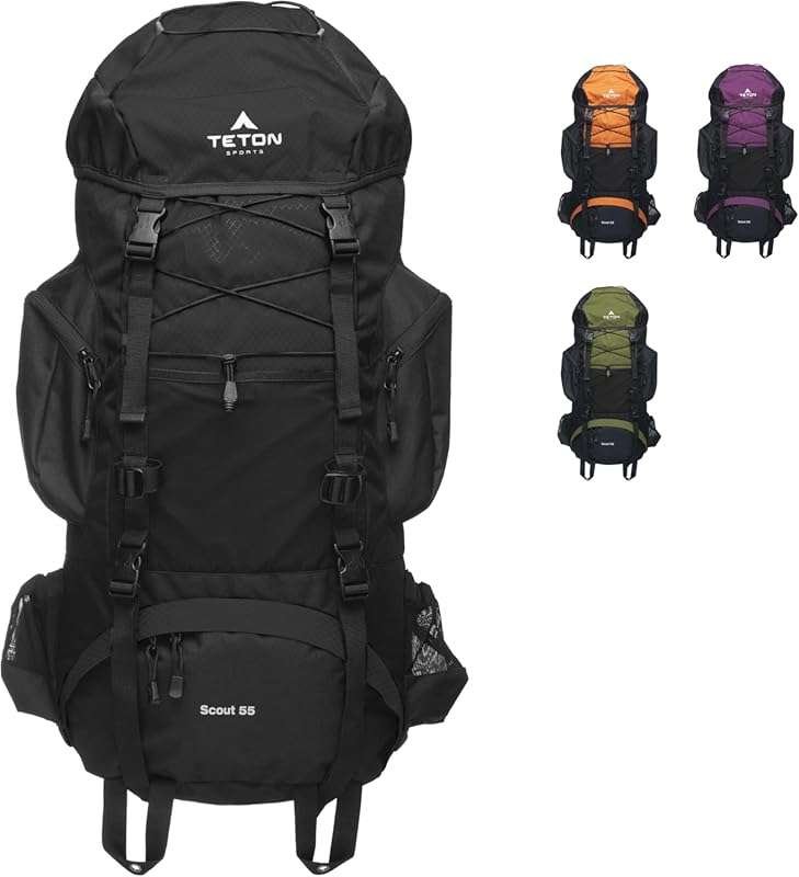 Teton 55L Scout Internal Frame Backpack with Rain Cover for Hiking, Ca