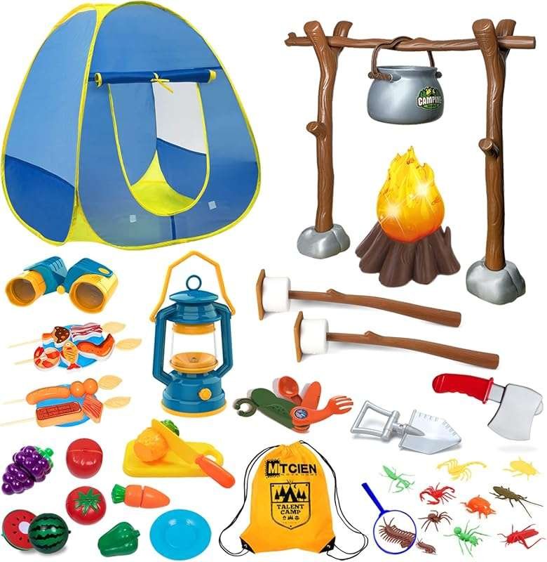Kids Camping Set with Tent, Binoculars, Lantern, and Play Food for Out
