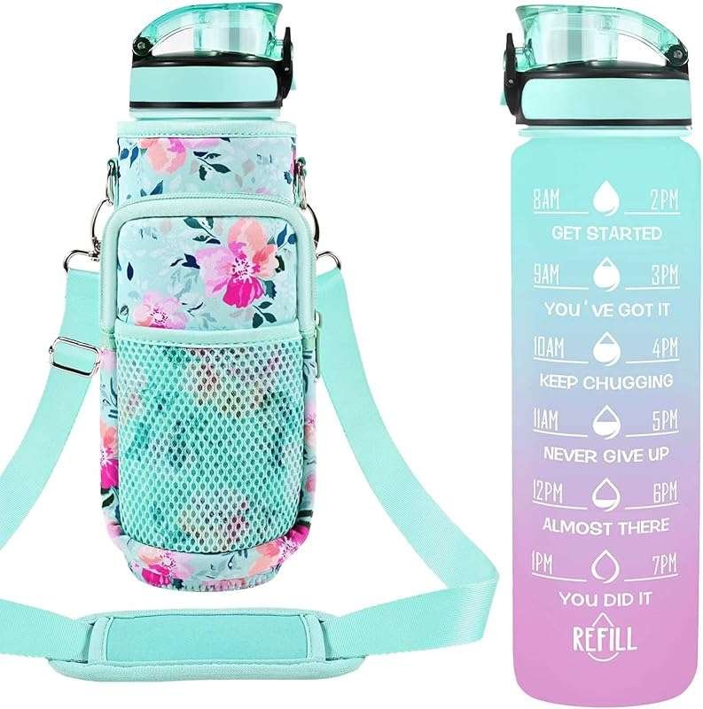 32 oz Water Bottle with Straw and Strap for Walking, Hiking, Travel, a