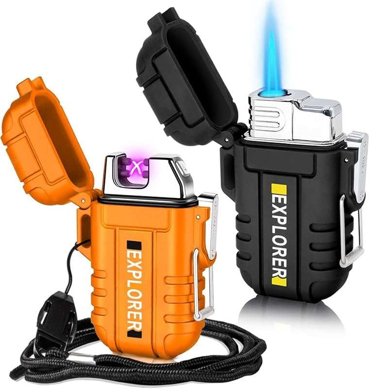 2 Pack Waterproof Windproof Lighters: Dual Arc Butane Electric, USB Re