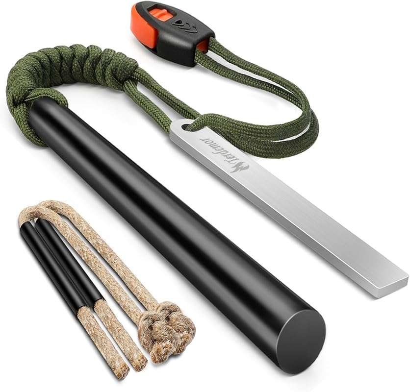 Ferro Rod Fire Starter with Waxed Tinder Cord and Paracord for Hiking 