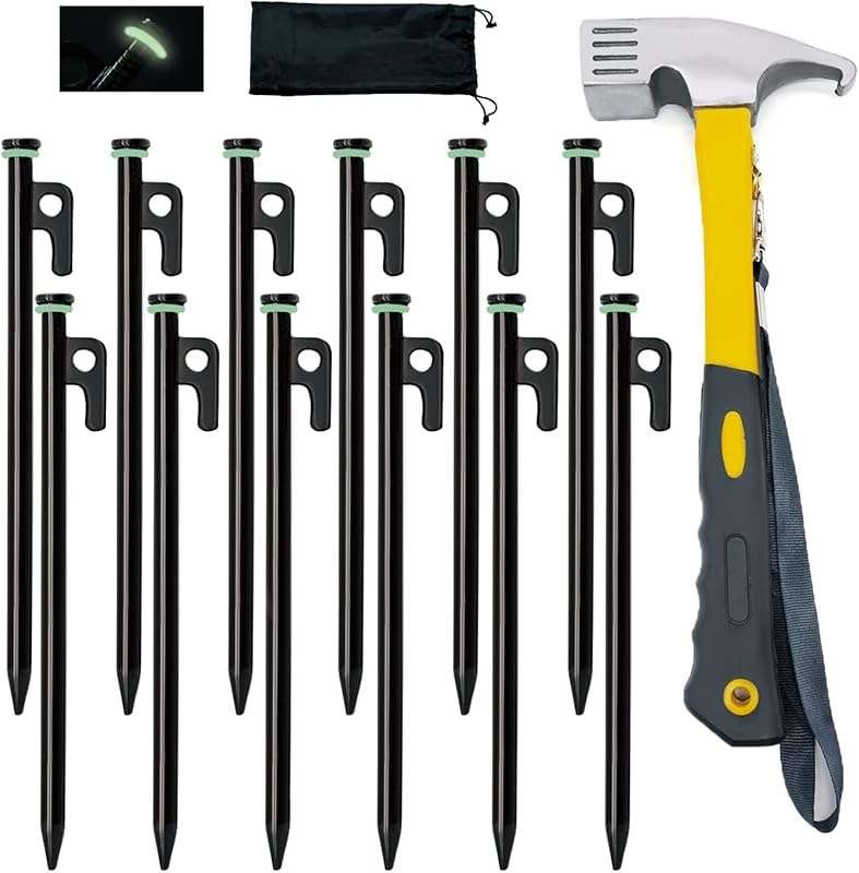 Forged Steel Tent Stakes with Hammer: Robust Pegs for Hard and Rocky G