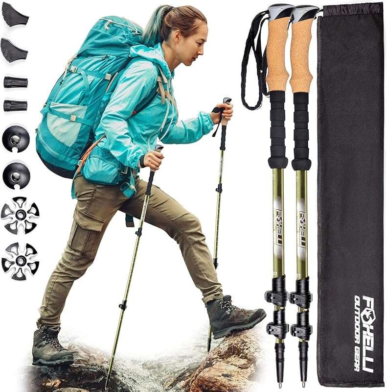 Foxelli Carbon Fiber Trekking Poles with Cork Grips, Quick Lock System