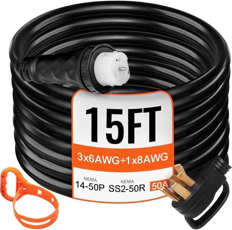 15 FT 50 Amp RV Extension Cord, NEMA 14-50P to SS2-50R Twist Lock, Hea