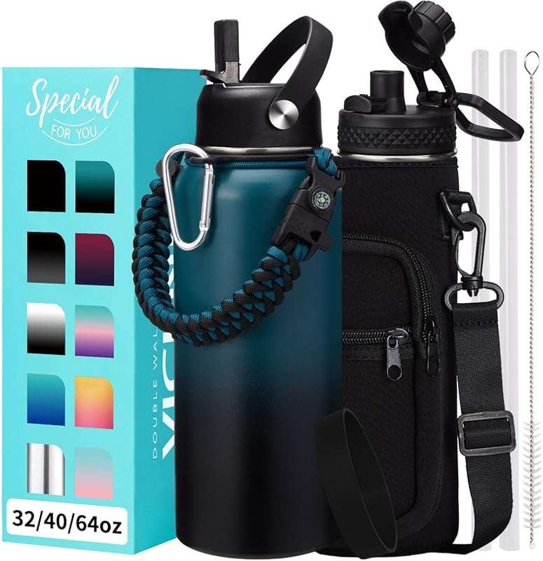 Insulated Stainless Steel Water Bottle with Straw, Flip Lid, and Carry