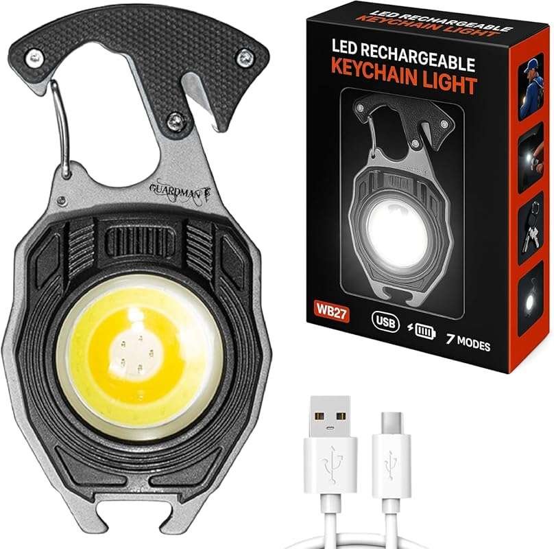 Multitool Keychain with LED Flashlight, Carabiner, Fire Starter, Screw