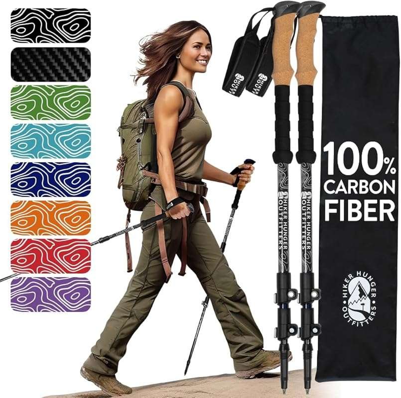 USA Brand 100% Carbon Fiber Trekking Poles with Cork and EVA Foam Grip