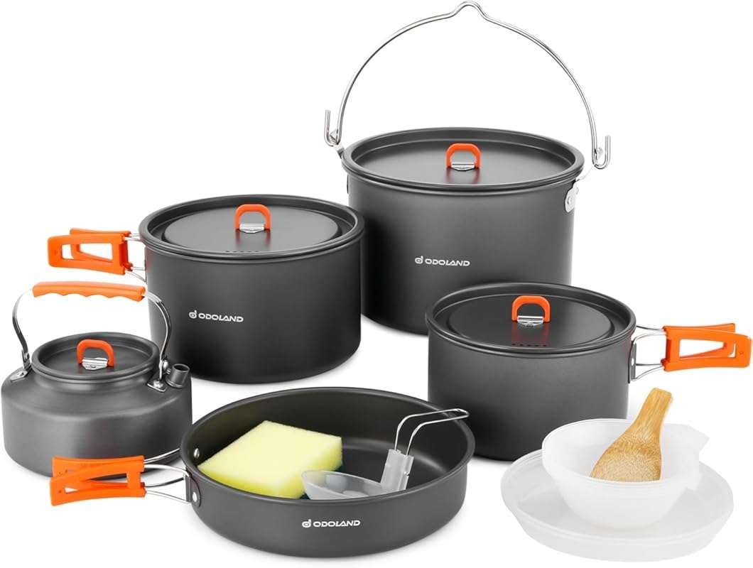 Odoland 18-Piece Large Camping Cookware Set with Hanging Pots, Pans, a