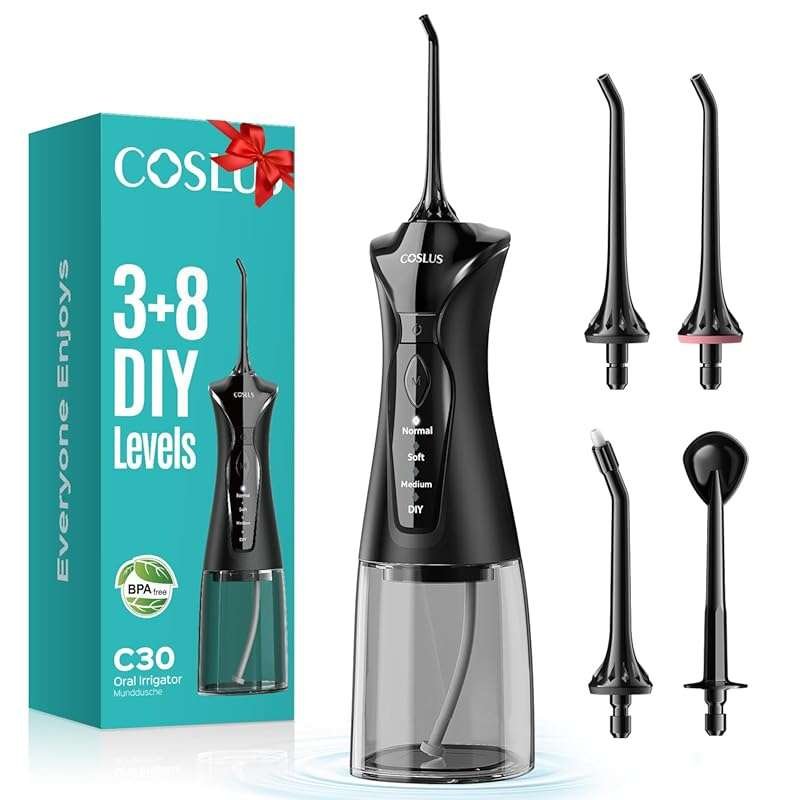 COSLUS Portable Cordless Water Flosser, 300ML, Waterproof with 4 Modes