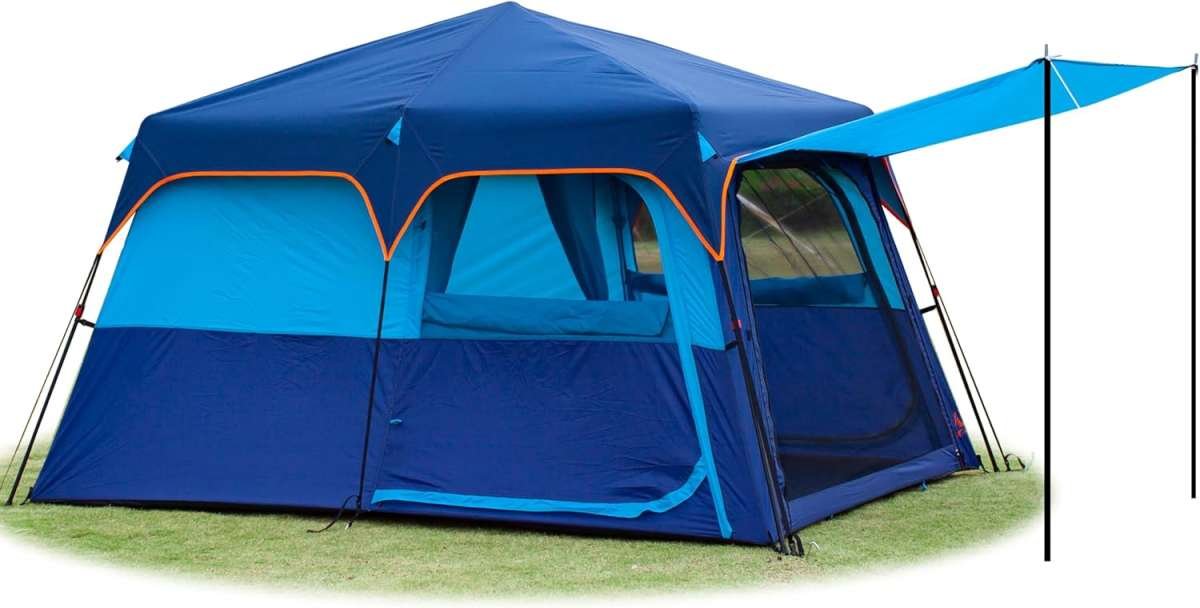 6 Person Family Cabin Tent - Waterproof Double Layer, 2 Rooms, 3 Doors