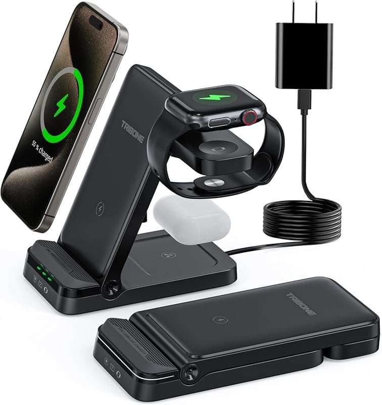 Tribone 3-in-1 Foldable Fast Wireless Charger for iPhone, Apple Watch,