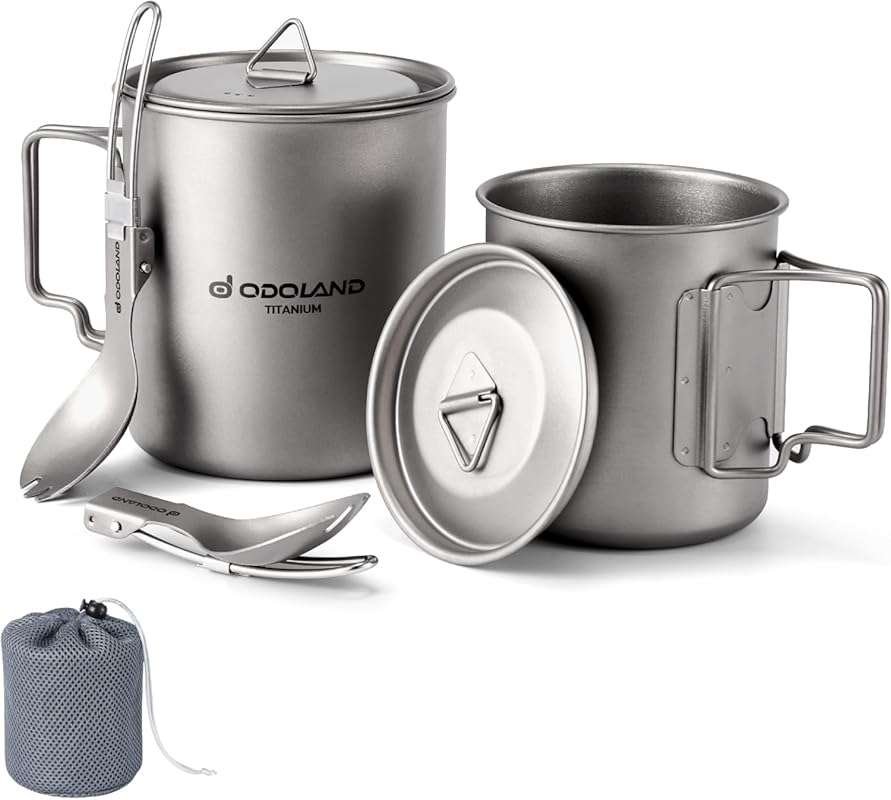 Odoland Lightweight Titanium Cookware Set: 420ml & 750ml Pots with Spo