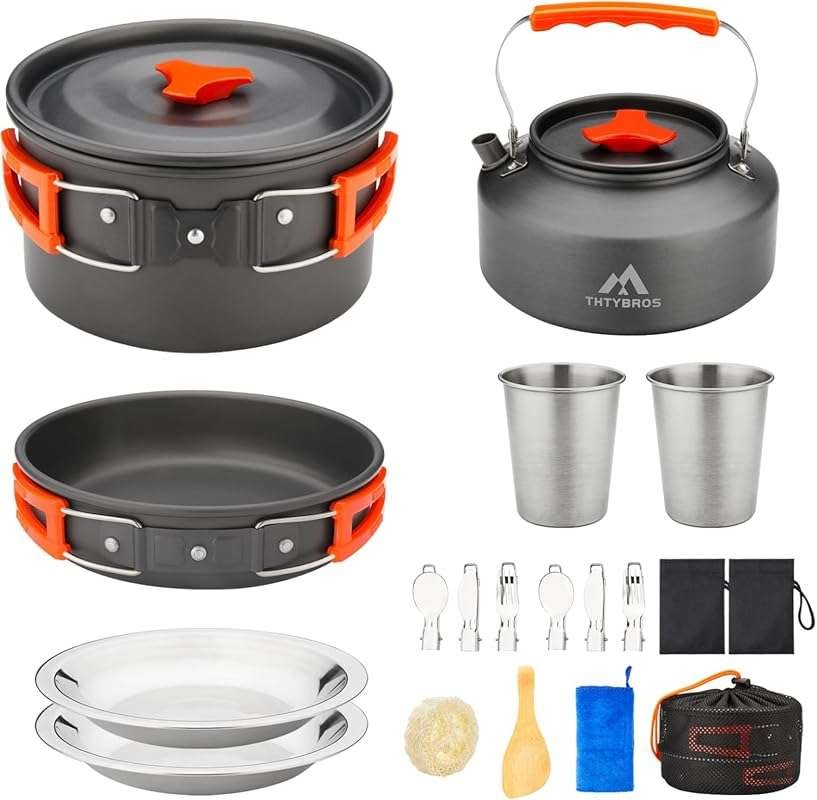 Camping Cookware Kit for Hiking: Pot, Pan, Kettle, Stainless Steel Cup