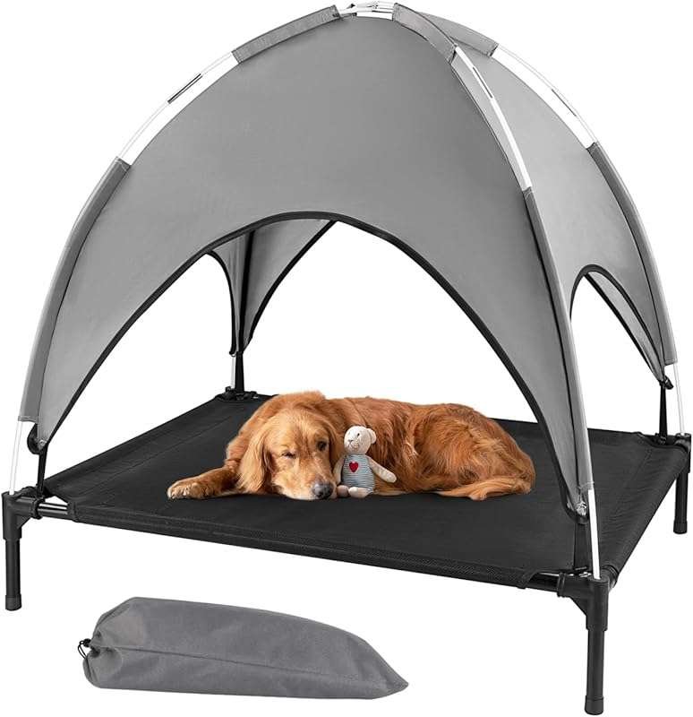 Elevated Outdoor Dog Bed with Canopy, Raised Dog Cot with Shade, Water