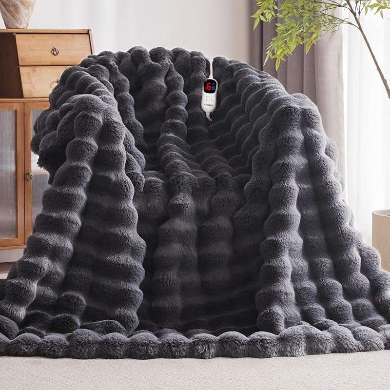 Faux Rabbit Fur Heated Electric Throw, 50x60. 10 Heat Levels, Auto-Off