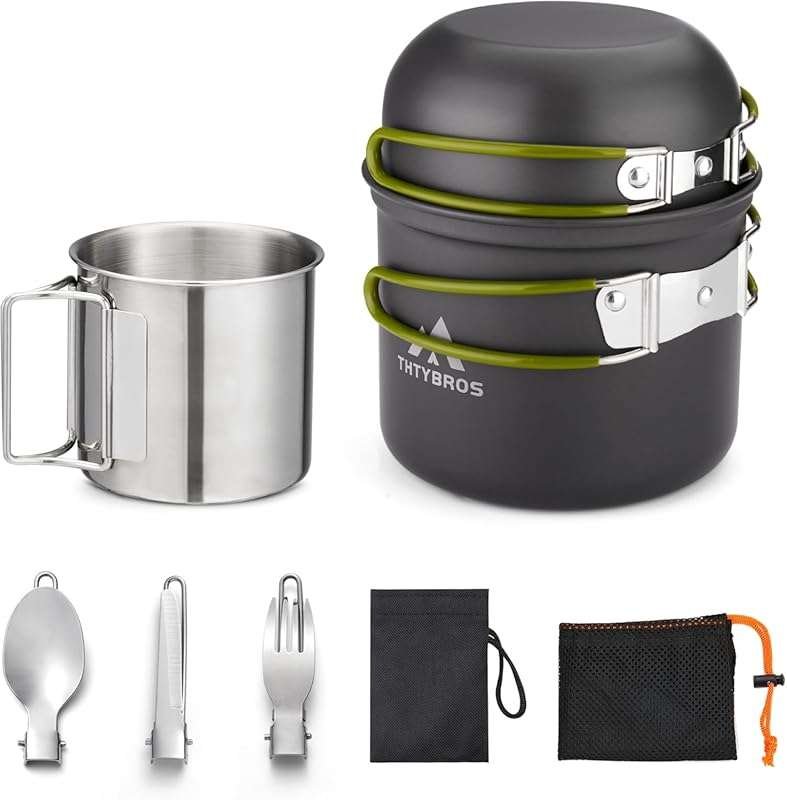 Solo Camping Cookware Kit with Pots, Pans, Cup, Forks, Knives, and Spo
