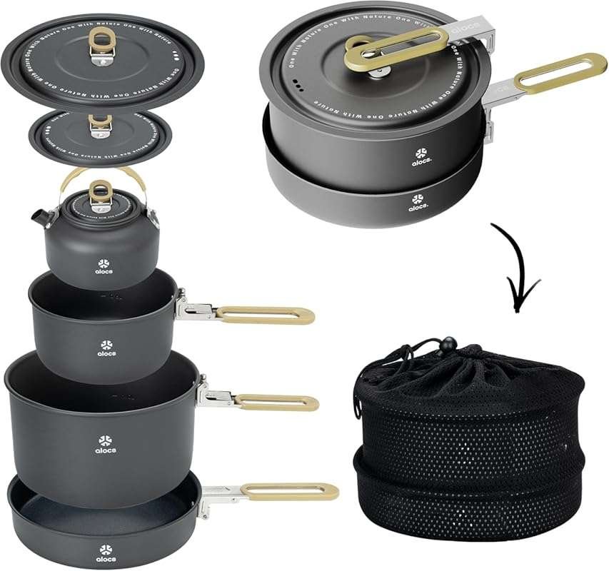 Portable Camping Cookware Set with Kettle – Lightweight Pots and Pans 