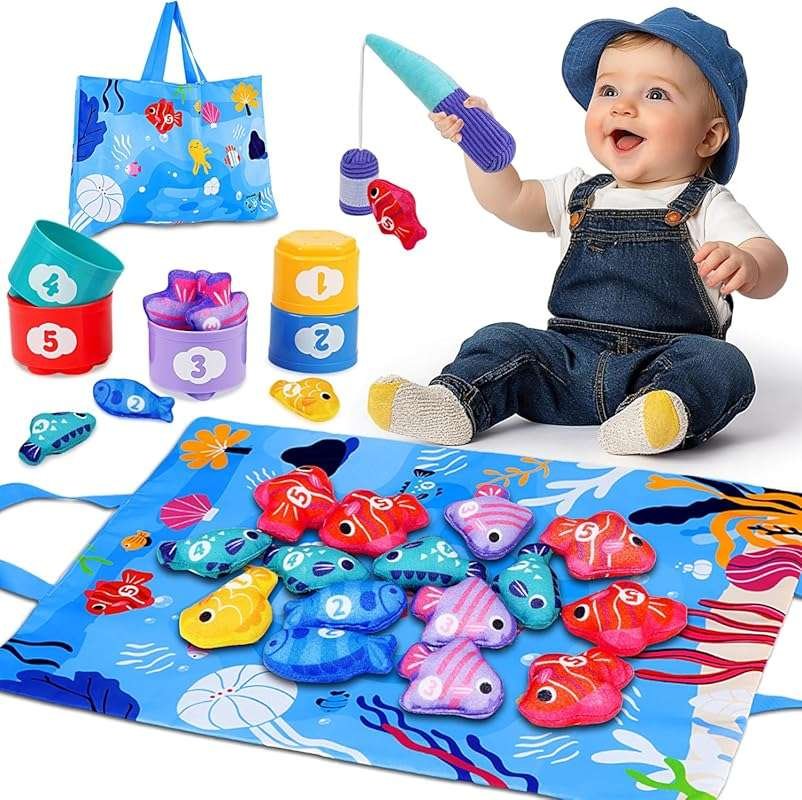 Montessori Toys for 1 Year Old - Cloth Fishing Game with Stacking Cups
