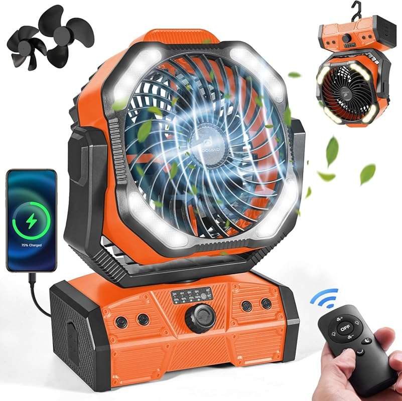 Rechargeable Portable Camping Fan with LED Light, Oscillating Tent Fan