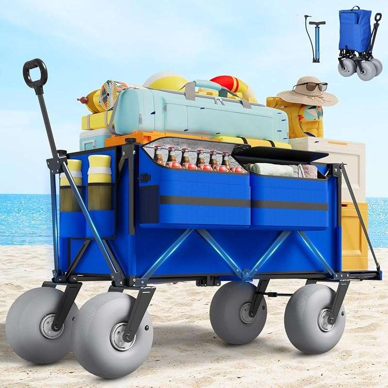 Beach Wagon with Big Wheels for Sand, Heavy Duty Collapsible Cart with