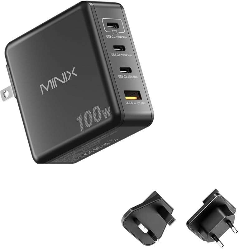 MINIX 100W USB C Charger, 4-Port Fast GaN Charger, Compact Foldable Wa