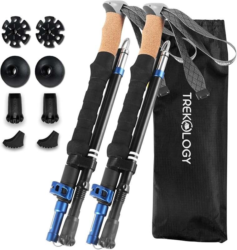 TREKOLOGY Cork Grip Folding Trekking Poles with Adjustable Height and 