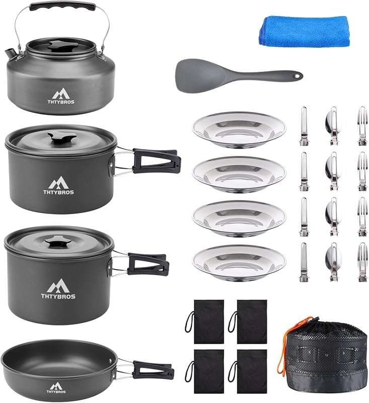 Portable Camping Cookware Mess Kit for Backpacking: Kettle, Pots, Pans