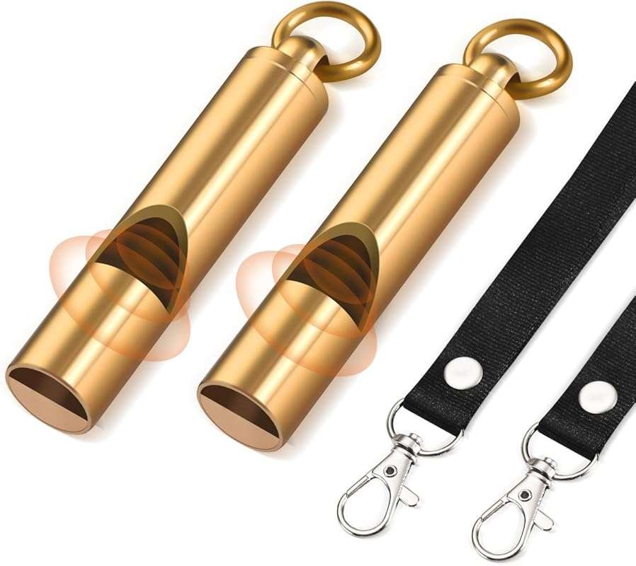 2-Pack Brass Pealess Emergency Safety Whistles with Lanyard for Outdoo
